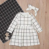 Girls Long Sleeve Plaid Dress Headband Two-piece Skirt Kid Set