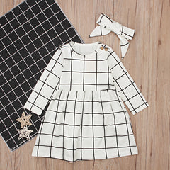 Girls Long Sleeve Plaid Dress Headband Two-piece Skirt Kid Set